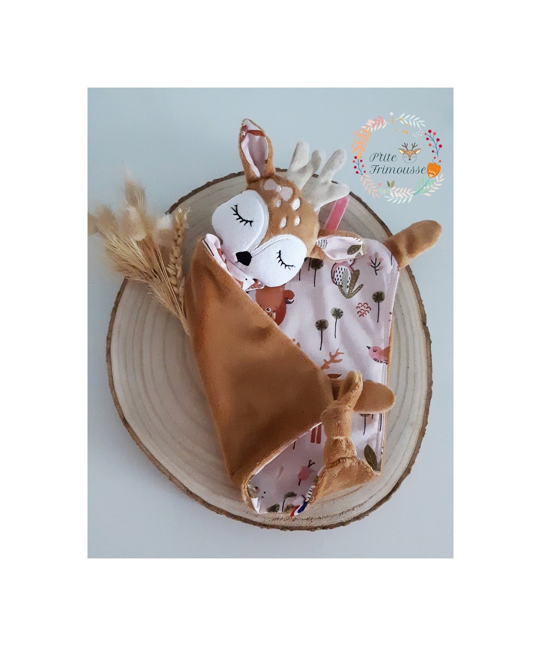 Doudou bébé biche faon cerf minky double gaze Bio Oeko Tex cadeau naissance  fait main personnalisable -  France