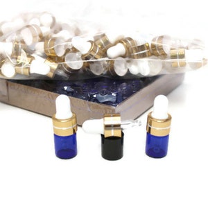 72 - 1 or 2ml  Blue Glass Dropper Bottle Mini Vials Essential Oil, Miniature Dropper GOLD dropper Aromatherapy CLEARANCE SALE