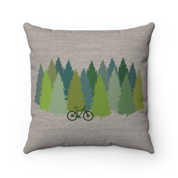 Pine Forest Mountain Bike Spun Polyester Square Pillow | Bicycle Pillow Cover | Mountain Bike Decor | Pine Forest