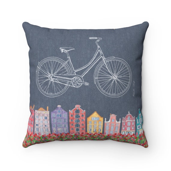 Amsterdam Dutch Houses Tulips and Bicycle Spun Polyester Square Pillow Case