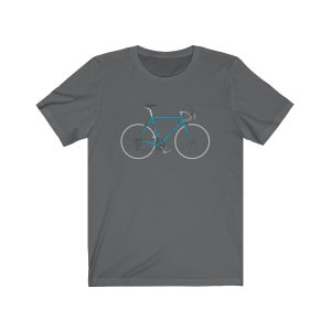 May include: A dark gray t-shirt with a blue bicycle graphic printed on the front.