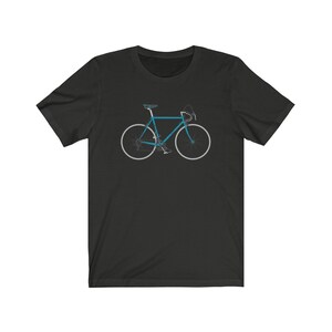 May include: A black t-shirt with a blue bicycle graphic on the front.