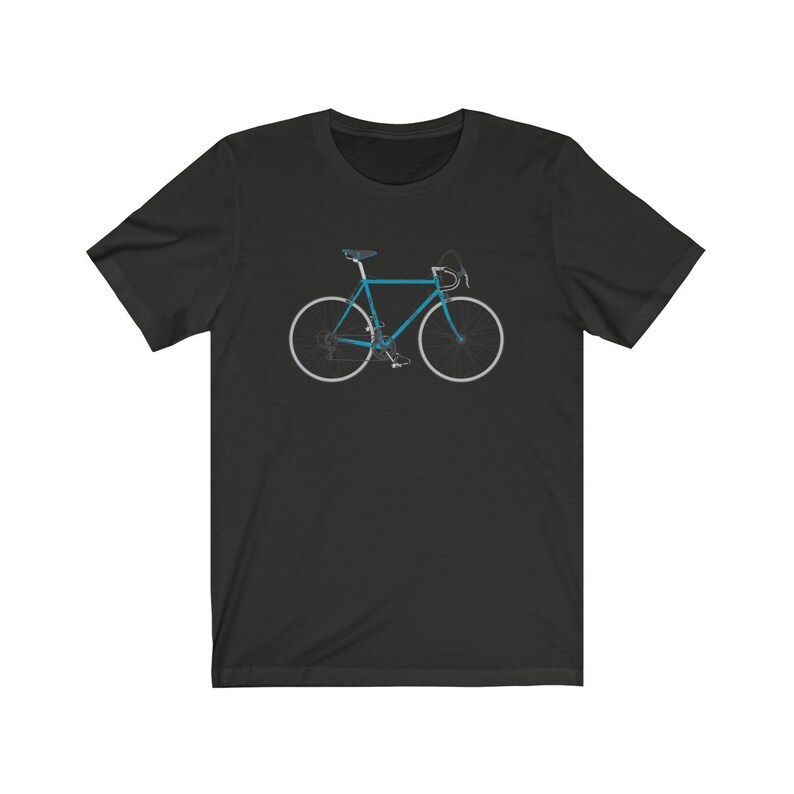 May include: A black t-shirt with a blue bicycle graphic on the front.