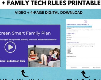 Taller de crianza digital + Reglas tecnológicas familiares imprimibles / Tiempo frente a la pantalla, seguridad en teléfonos inteligentes y redes sociales