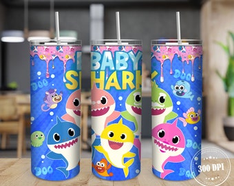 Baby Shark 20oz Skinny Tumbler Wrap PNG, Baby Shark Family PNG Sublimation Tumbler Designs, Cartoon Characters Tumbler PNG, Cartoon png