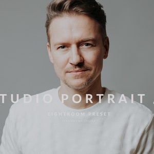 May include: A man wearing a white t-shirt looks directly at the camera. The text "STUDIO PORTRAIT / 1 LIGHTROOM PRESET" is below him.