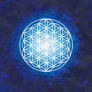 May include: A white geometric flower of life design is centered on a dark blue and light blue background. The flower of life is a symbol of sacred geometry, with overlapping circles forming a symmetrical pattern.