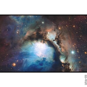 May include: A vibrant nebula with swirling blue, orange, and purple hues against a backdrop of twinkling stars.
