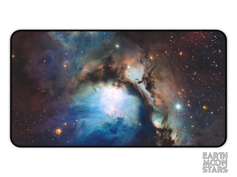 May include: A vibrant nebula with swirling blue, orange, and purple hues against a backdrop of twinkling stars.