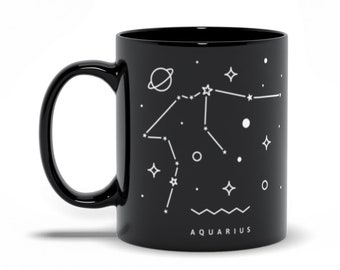 Aquarius Constellation Mug, Astrological Sign Black Ceramic Mug, Aquarius Birthday Gift, Astrology Gifts