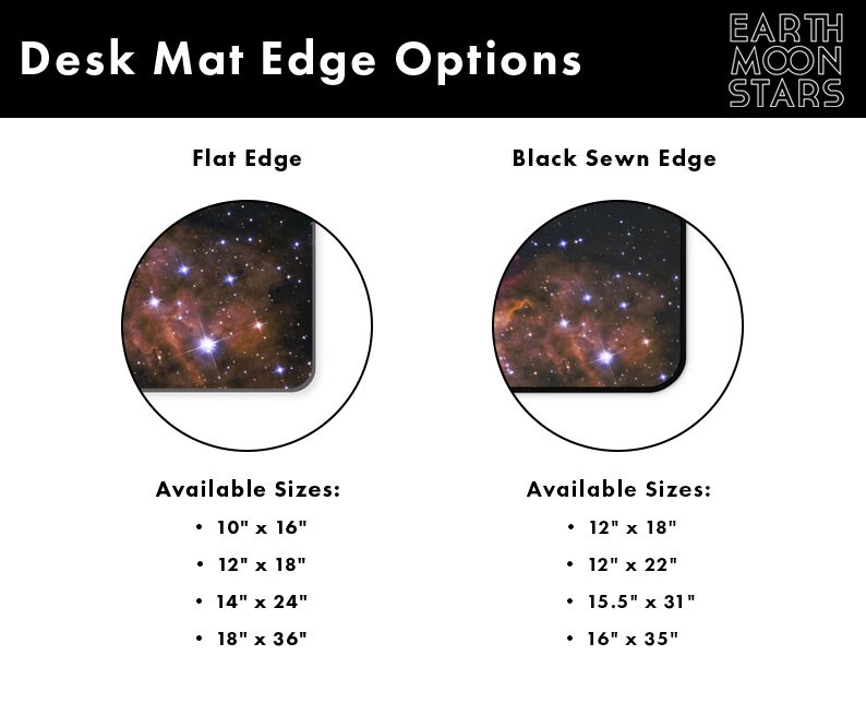 Puede incluir: Imagen que muestra opciones de borde para alfombrillas de escritorio: borde plano y borde cosido negro. Las alfombrillas presentan un dise&ntilde;o de galaxia. Tama&ntilde;os disponibles: 25 x 41 cm, 30 x 46 cm, 36 x 61 cm y 46 x 91 cm para el borde plano, y 30 x 46 cm, 30 x 56 cm, 39 x 79 cm y 41 x 89 cm para el borde cosido negro.