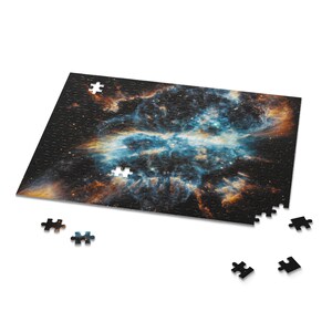 May include: A completed jigsaw puzzle with a colorful nebula image. The puzzle is missing a few pieces, which are scattered around the puzzle.