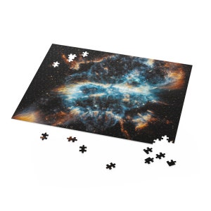May include: A completed jigsaw puzzle with a colorful nebula image. The puzzle pieces are scattered around the edges of the puzzle.