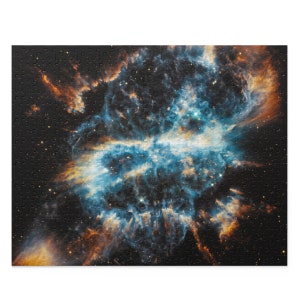 May include: A vibrant nebula in space with swirling blue, orange, and red hues against a black background dotted with stars.