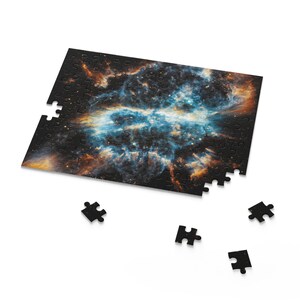May include: A partially completed jigsaw puzzle featuring a colorful nebula in space. The puzzle pieces are black and the image is of a nebula with shades of blue, orange, and red.