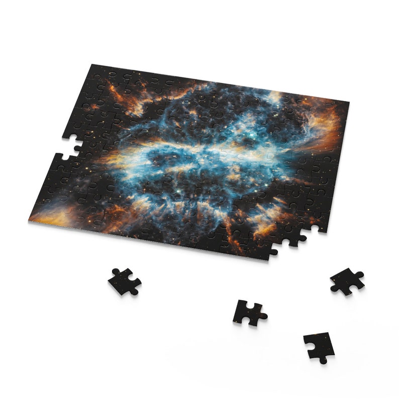 May include: A partially completed jigsaw puzzle featuring a colorful nebula in space. The puzzle pieces are black and the image is of a nebula with shades of blue, orange, and red.