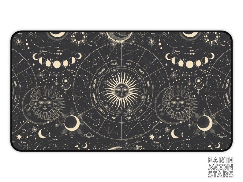 Peut inclure: Un fond noir avec un motif c&eacute;leste blanc repr&eacute;sentant les signes du zodiaque, le soleil et la lune. Le motif est r&eacute;p&eacute;t&eacute; sur toute l'image.