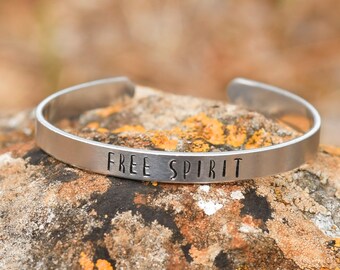 Free Spirit Hand Stamped Cuff Bracelet In Aluminum Brass Copper, Personalized your Own Jewelry for Birthday Gift, Write Your Names, Dates