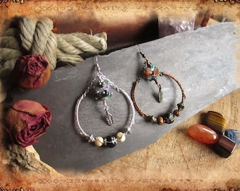 Ethnic and bohemian earrings "Graine de Guerrière", in wooden beads, Acai seed and gems