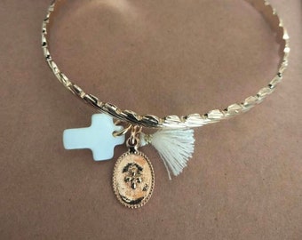 Mother-of-pearl cross bangle and miraculous medal