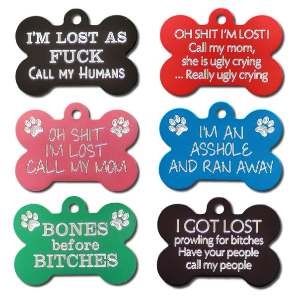 Funny Engraved Pet ID Tag • Aluminum Bone Shape, Personalized Dog Charm