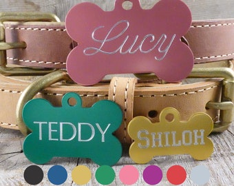 Médaille d'identification en os avec gravure, Livraison gratuite depuis le Canada, Médailles pour animaux de compagnie pour chiens, Aluminium anodisé, Double face