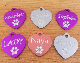 Engraved Heart Dog Tag, Personalized Pet ID, Aluminum Paw Print