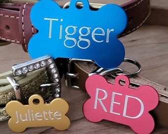 Pet Tag • Dog ID Tags • Engraved Custom ID Tags • Double Sided Diamond Engraved • 3 Sizes • Small Tag • Large Tag • Extra Large Tag