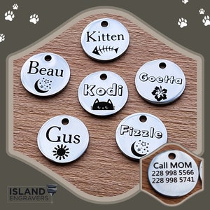 Small Tags for Cats and Dogs, Custom Pet ID Tag, Stainless Engraved Charm, Personalized on the backside with contact details, Free Shipping