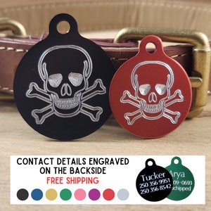 Pet Tag with Skull - Skull & Crossbones Dog Tag - Custom ID Tag - Double Sided Diamond Engraved - 2 Sizes