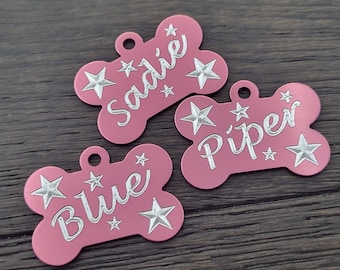 Personalized ID Pet Tag • Dog Bone with Stars • Pet Tag • Id Tags for dogs • Pet Tags for Dogs • Metal Tags • 8 colors