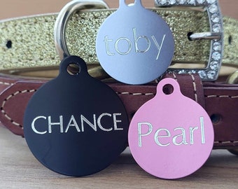 Circle Round Dog Cat Pet Tags, Custom Engraved ID Charm, Free Double Sided Diamond Engraved, Small, Large, Personalized ID Tag for Collar