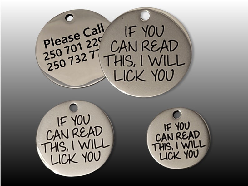 Pet Tags Dog Tags Personalized Pet ID Funny Tag Cat and Dog Pet Collar Charms Engraved Metal Tags Durable Gift for your Pet 3 sizes IF YOU CAN READ.....