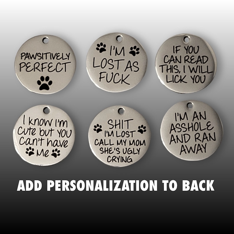 Pet Tags Dog Tags Personalized Pet ID Funny Tag Cat and Dog Pet Collar Charms Engraved Metal Tags Durable Gift for your Pet 3 sizes image 1