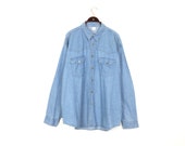 Vintage 1990s Light Blue Denim Shirt Long Sleeve 90s Oversize Overshirt Grunge Western 2xl xxl 3xl 3X