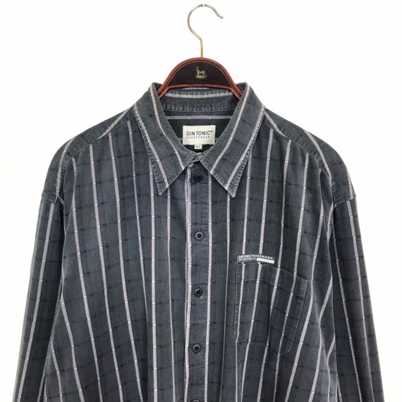 Vintage 90s Grey Stripe Check CORDUROY Shirt Xl Ov