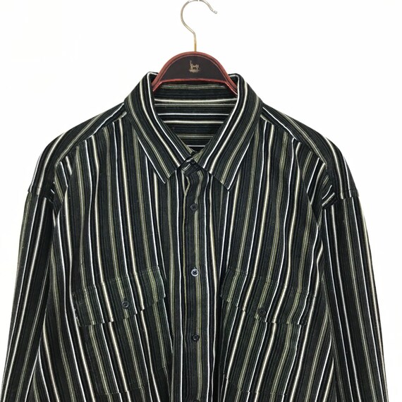 Vintage 90s Green Black Stripe CORDUROY Shirt XL X