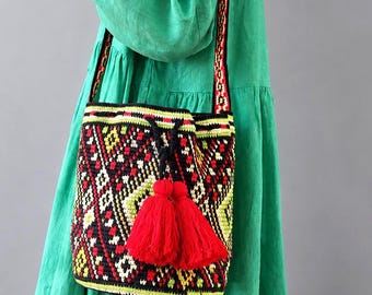 Ukrainian Modern Folk Crochet Shoulder Bag, Embroidery Style Bucket Bag with Red Tassels