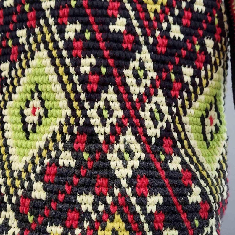 Close up of colorful tapestry crochet pattern on handmade Ukrainian folk shoulder bag.