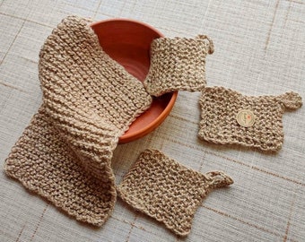 Crochet dish scrubbies/ Set of 3 jute hemp dish scrubby and 1 dishcloth/ Eco friendly dishcloths/ Zero waste kitchen/ Vegan gift set