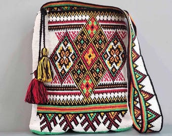 Ukrainian Folk Shoulder Bag, Handmade Crochet Handbag with Traditional Geometric Pattern