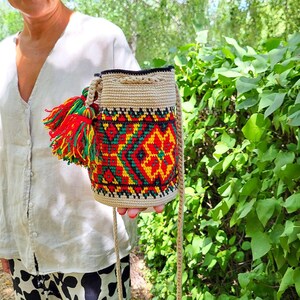Ethnic Small Bucket Bag For Women- Ukrainian Drawstring Crossbody Purse Crochet from Recycled Yarn image 5