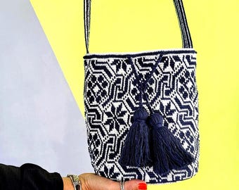 Ukranian Bucket Bag: Black & White Cotton Crossbody with Tassels