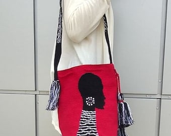 Red Crochet Bucket Bag: African Tribe Boho Tote, Recycled Cotton