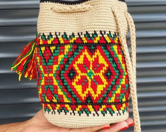 Ethnic Small Bucket Bag For Women- Ukrainian Drawstring Crossbody Purse Crochet from Recycled Yarn