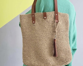 Large Scandinavian Jute Crochet Shoulder Tote Bag with Pocket and Genuine Leather Straps