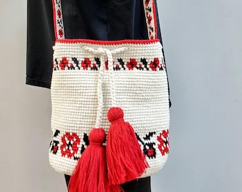 Crocheted Tapestry Crossbody Bag, Ukrainian Embroidered Bucket Purse
