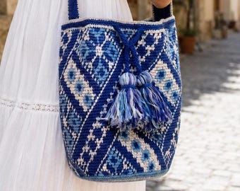 Large Blue Bucket Bag - Ukrainian Drawstring Crossbody Purse