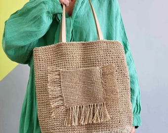 Large Natural Jute Crochet Shoulder Tote Bag with Pockets and Faux Leather Straps