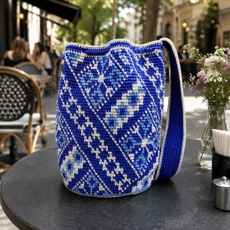 Front view of handmade blue crochet bucket bag with decorative tassel drawstring
